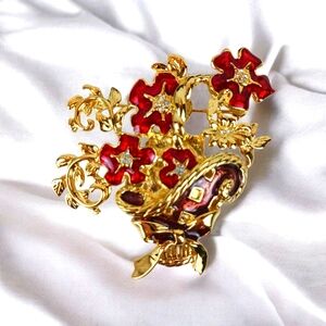 Bob Mackie Brooch Scarf Clip Enameled Flower Basket Red Gold Signed